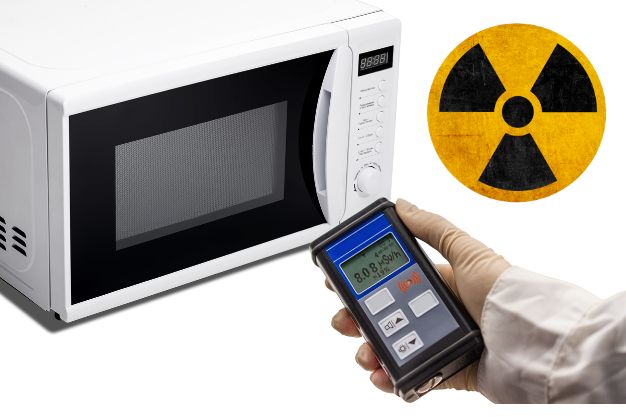 imagem medindo radiação de um microondas e o simbolo de radiação